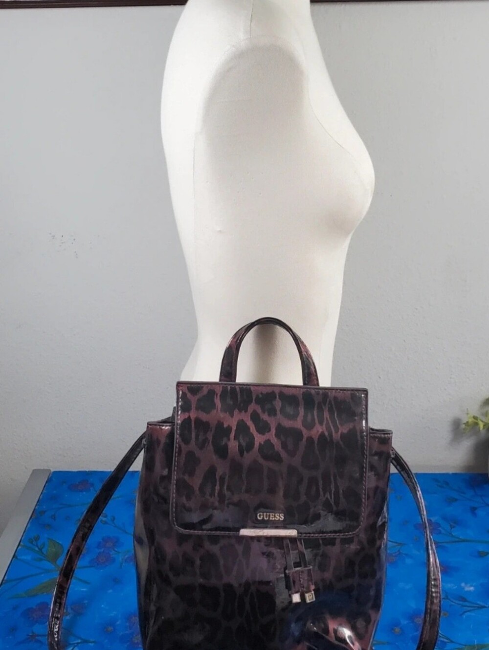 Guess Leopard-Print Patent Leather Backpack in Dark Brown and Black